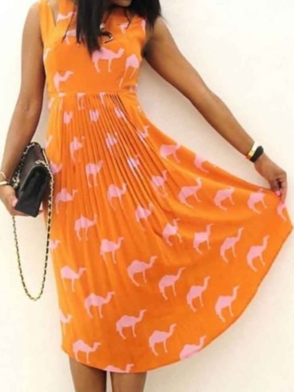 Anthropologie Charlotte Taylor Orange Camel Print, Silk, Sleeveless Dress Sz 2